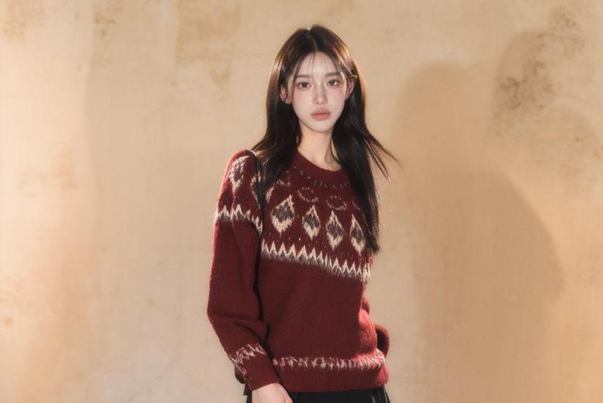 Round Neck Pattern Jacquard Sweater Product Image