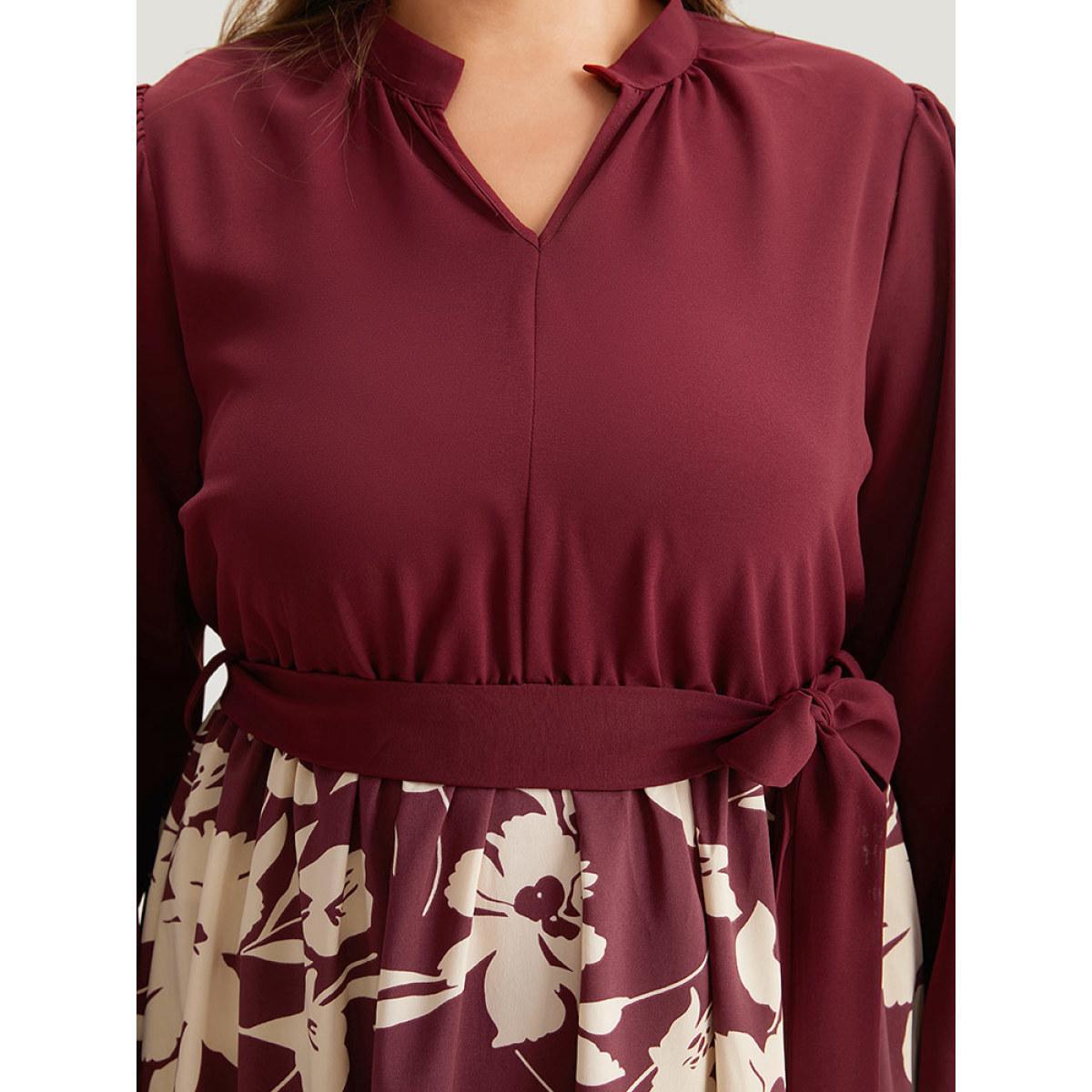 Plus Size Silhouette Floral Print Belted Pleated Dress Scarlet Women Office Elastic cuffs Notched collar Long Sleeve Curvy Knee Dress BloomChic 14-16/1X Product Image