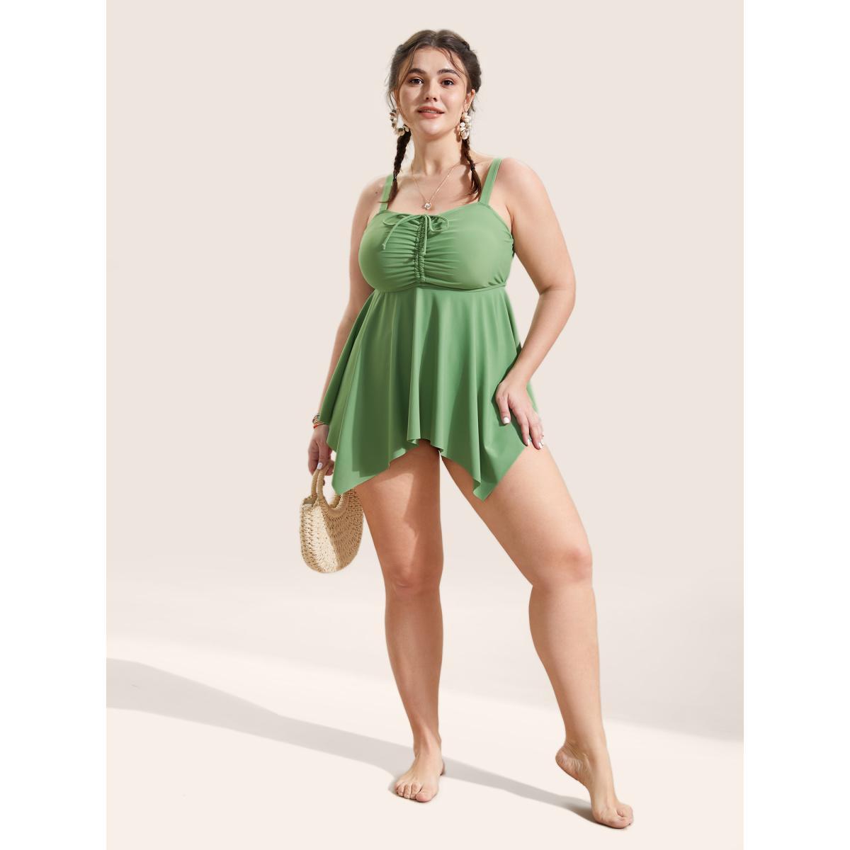 Plus Size Plain Drawstring Ruched Adjustable Straps Swim Top Women's Swimwear Moss Beach Drawstring High stretch Bodycon Heart neckline Curve Swim Tops BloomChic 22-24/3X Product Image