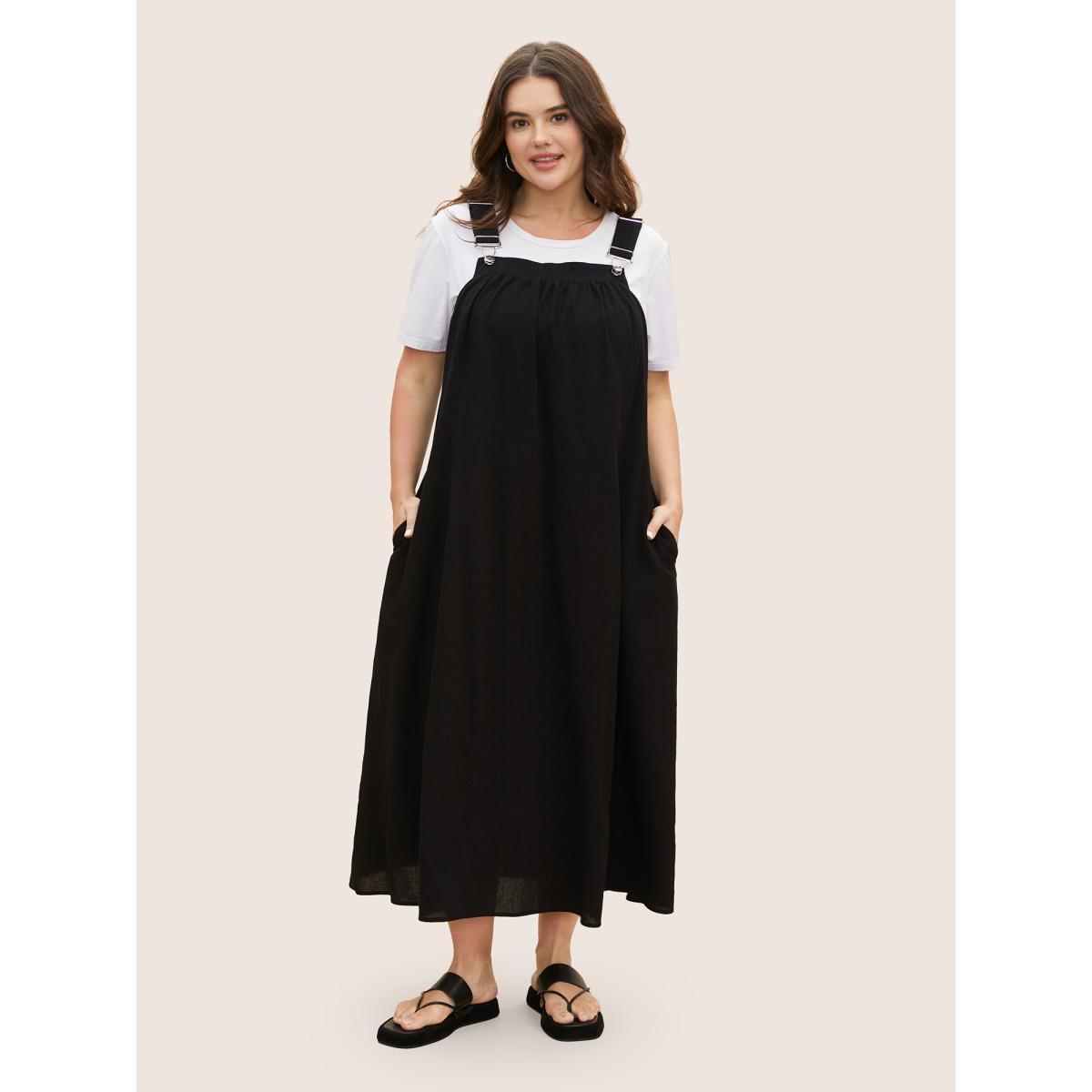 Plus Size Cotton Solid Adjustable Straps Pocket Midi Dress Black Women Leisure Gathered Non Sleeveless Curvy BloomChic 18-20/2X Product Image