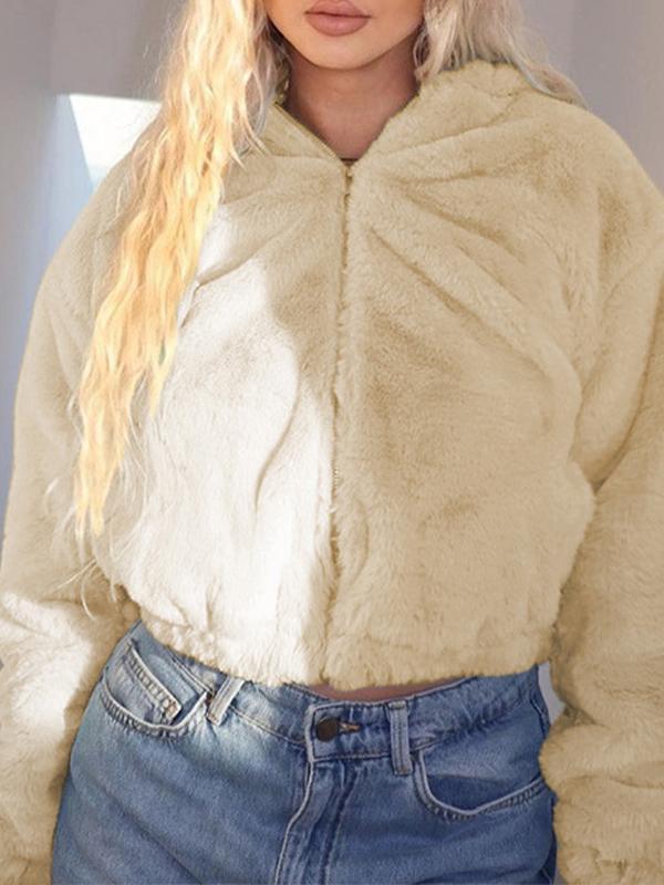 Fuzzy Solid Hooded Zip Up Short Jacket Product Image