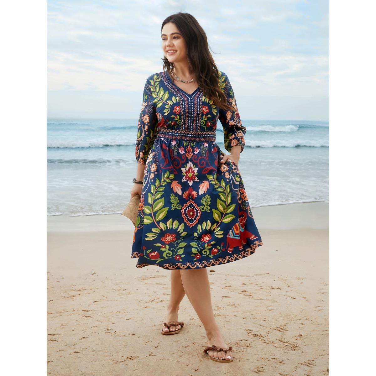 Plus Size Boho Print V-Neck Pockets Midi Dress DarkBlue Women Boho Non V-neck Elbow-length sleeve Curvy BloomChic 26/4X Product Image