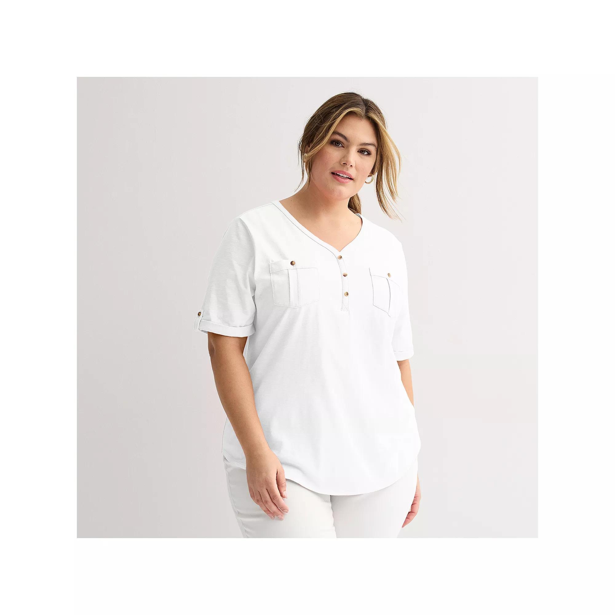 Plus Croft & Barrow Elbow Sleeve Utility Henley Top, Womens Product Image