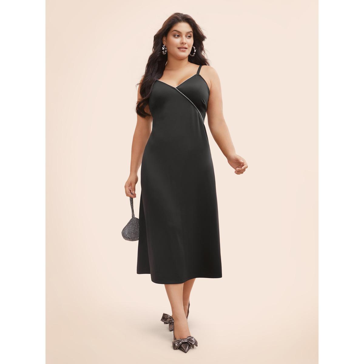 Plus Size Rhinestone Detail Overlap Collar Cami Dress Black Women Cocktail Rhinestone detailing Overlap Collar Sleeveless Curvy BloomChic 22-24/3X Product Image