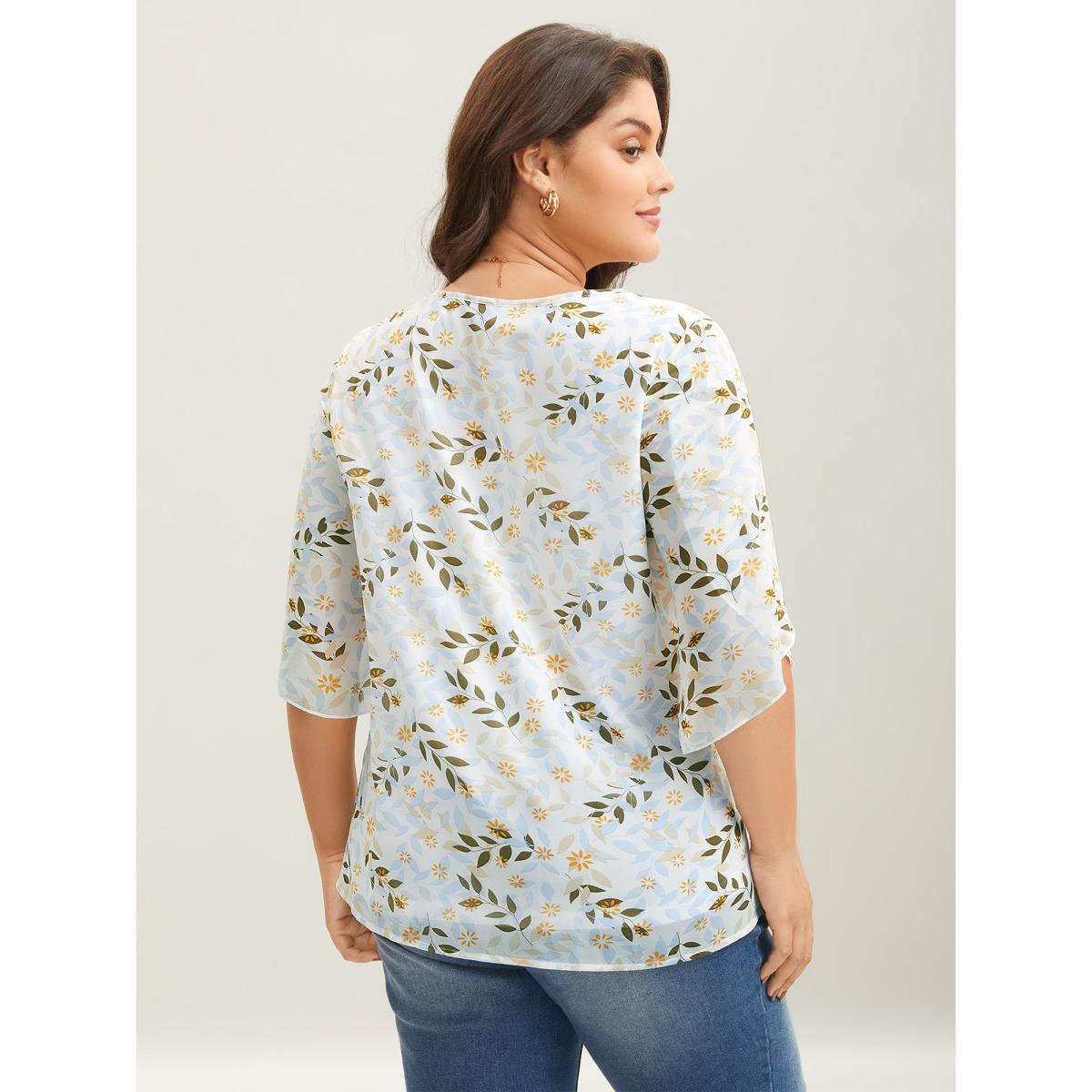 Plus Size Originalwhite Leafy Floral Print Petal Sleeve Blouse Women Elegant Elbow-length sleeve V-neck Everyday-Elegant Blouses BloomChic 10/M Product Image