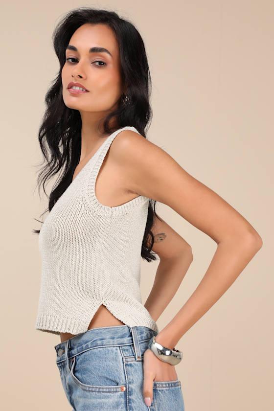 Elevated Staple Silver Lurex Cropped Sweater Tank Top Product Image