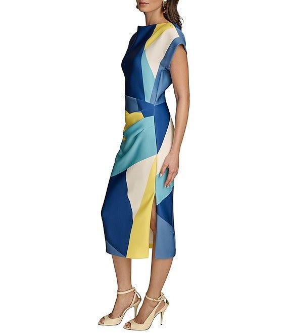 Donna Karan Short Sleeve Boat Neck Abstract Print Color Block Scuba Midi Sheath Dress Product Image