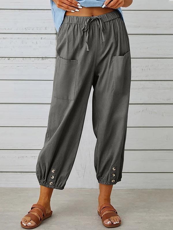 High Waisted Loose Buttoned Drawstring Elasticity Pockets Split-Joint Ninth Pants Trousers Product Image
