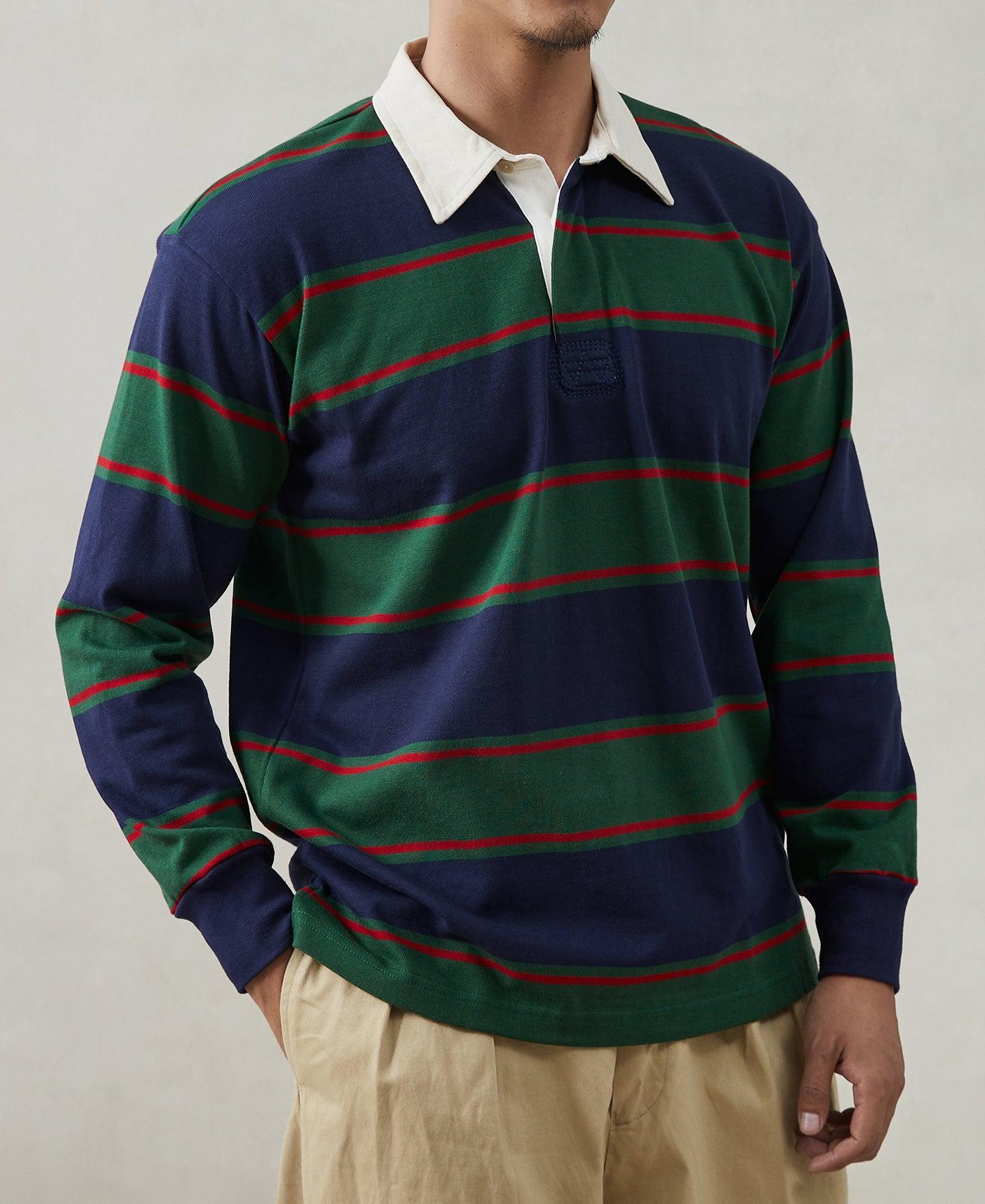 Classic Fit Striped Jersey Rugby Shirt - Green/Navy/Red Product Image