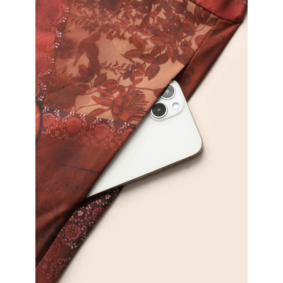 Plus Size Boho Print Belted Mesh Midi Dress Russet Women Elegant See through V-neck Long Sleeve Curvy BloomChic 14-16/1X Product Image