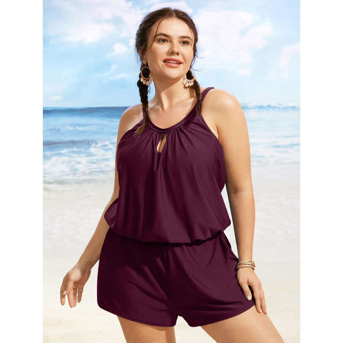 Plus Size Solid Keyhole Elastic Waist Gathered One Piece Swimsuit Women's Swimwear Plum Resort Gathered Curve Bathing Suits High stretch One Pieces BloomChic 18-20/2X Product Image