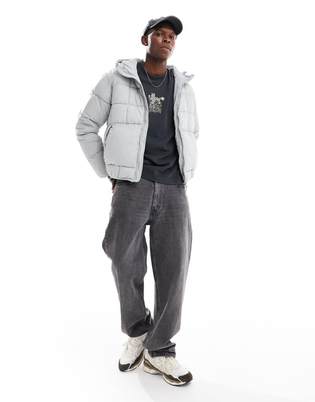 Pull&Bear lightweight puffer jacket with hood in ice gray Product Image