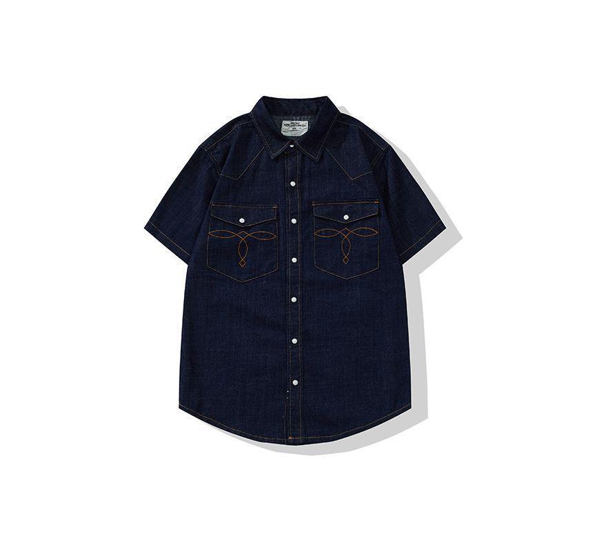 Short-Sleeve Collared Pocket Denim Shirt Product Image