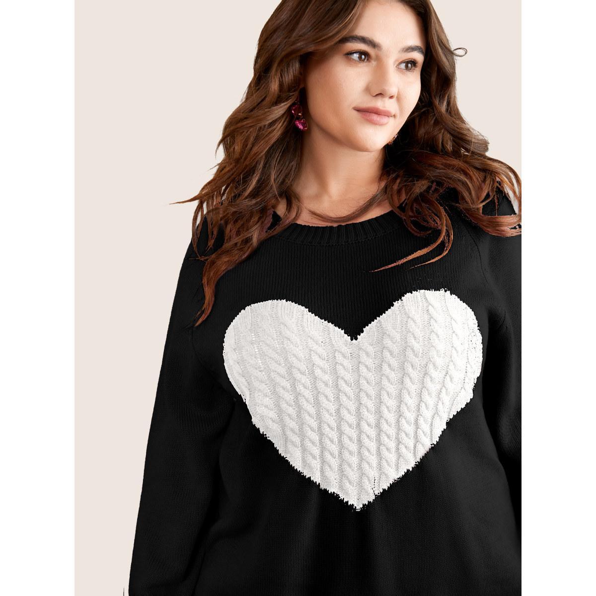 Plus Size Heart Cable Knit Two Tone Raglan Sleeve Pullover Black Women Casual Long Sleeve Round Neck Everyday Pullovers BloomChic 18-20/2X Product Image