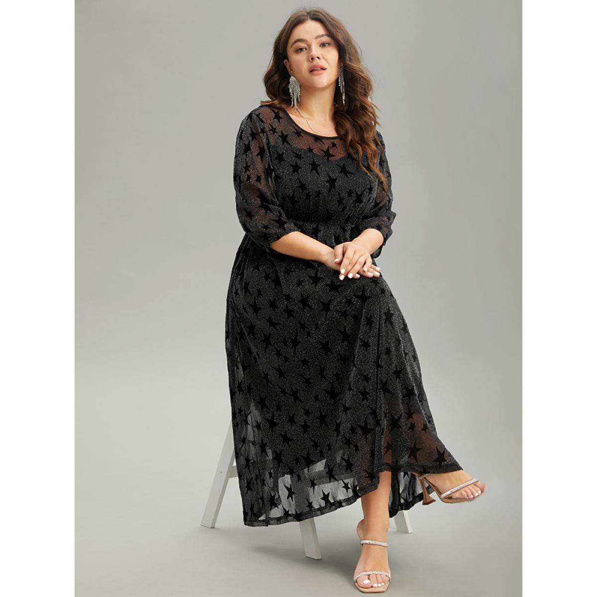 Plus Size Flocking Star Mesh Elastic Waist Dress Black Women Glamour Elastic cuffs Round Neck Elbow-length sleeve Curvy Midi Dress BloomChic 14-16/1X Product Image