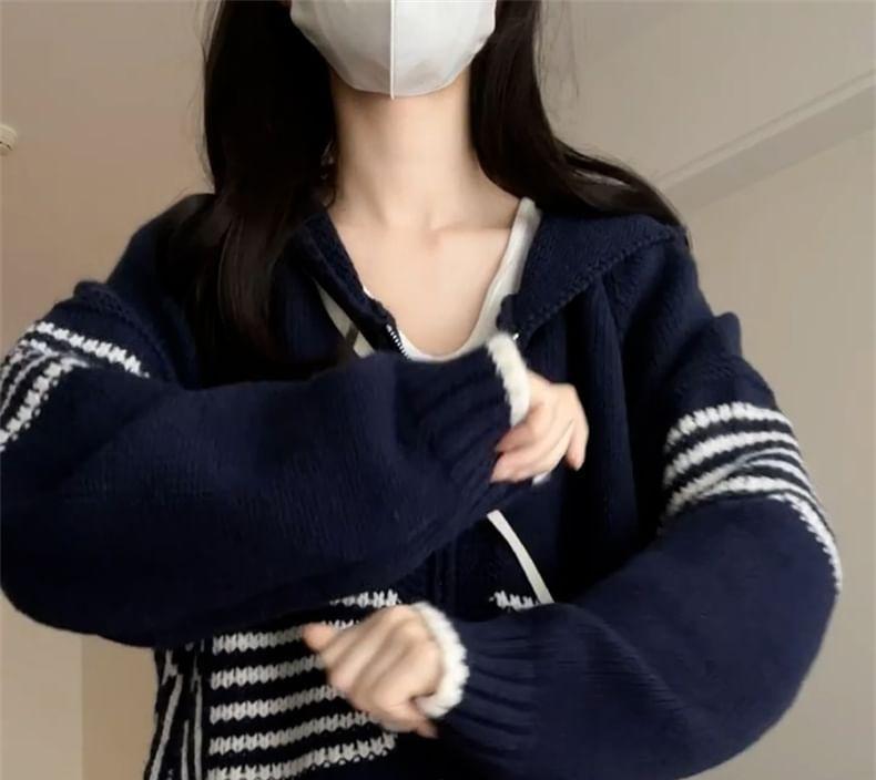 Striped Hooded Zip Cardigan Product Image