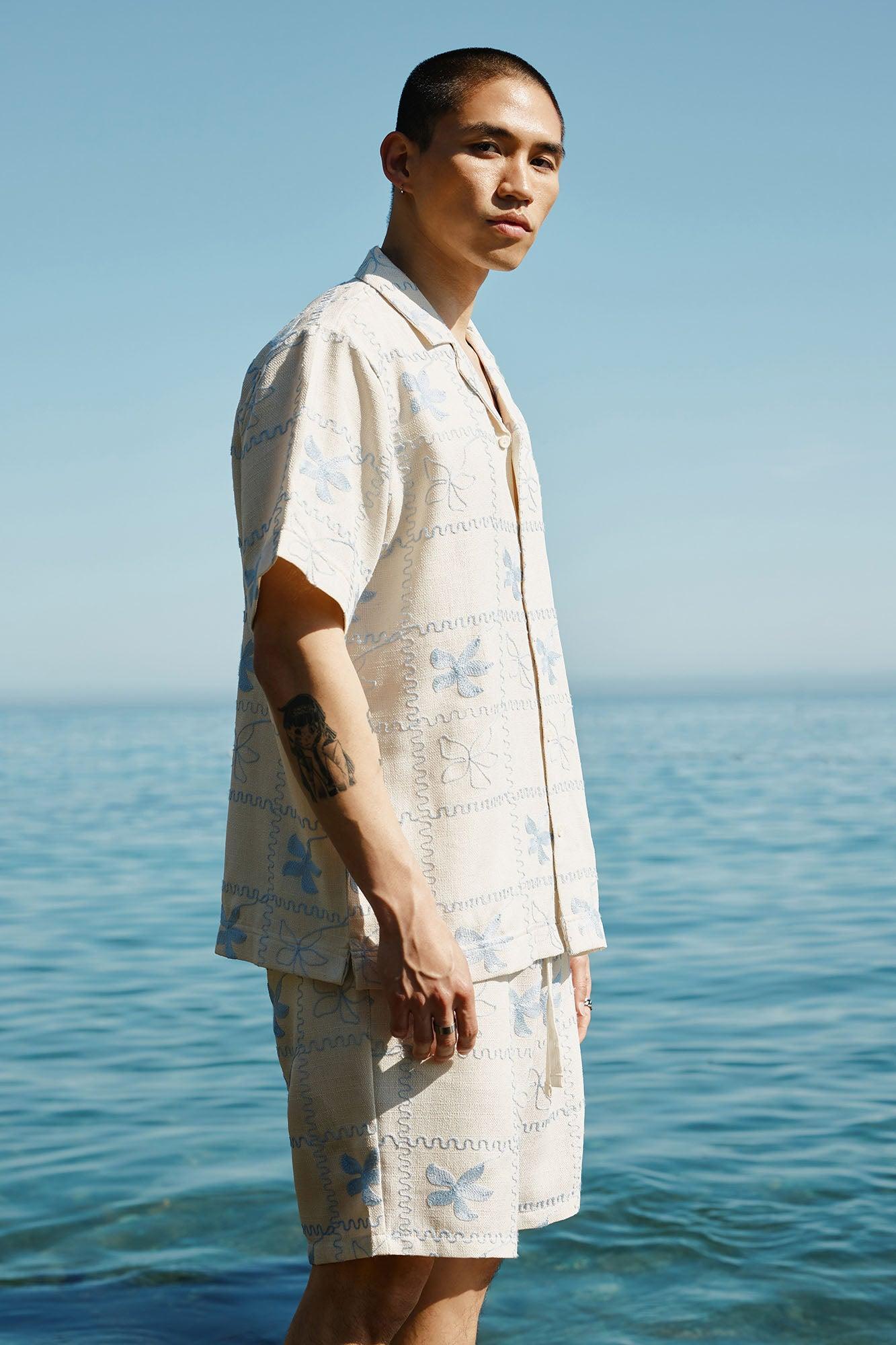 Embroidered Flowers Cuban Collar Button Up Shirt - Off White/combo Product Image