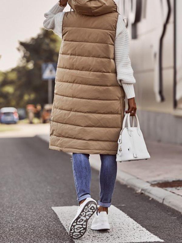 Hooded Sleeveless Buttoned Drawstring Keep Warm Solid Color Split-Joint Zipper Padded Coat Vest Outerwear Product Image