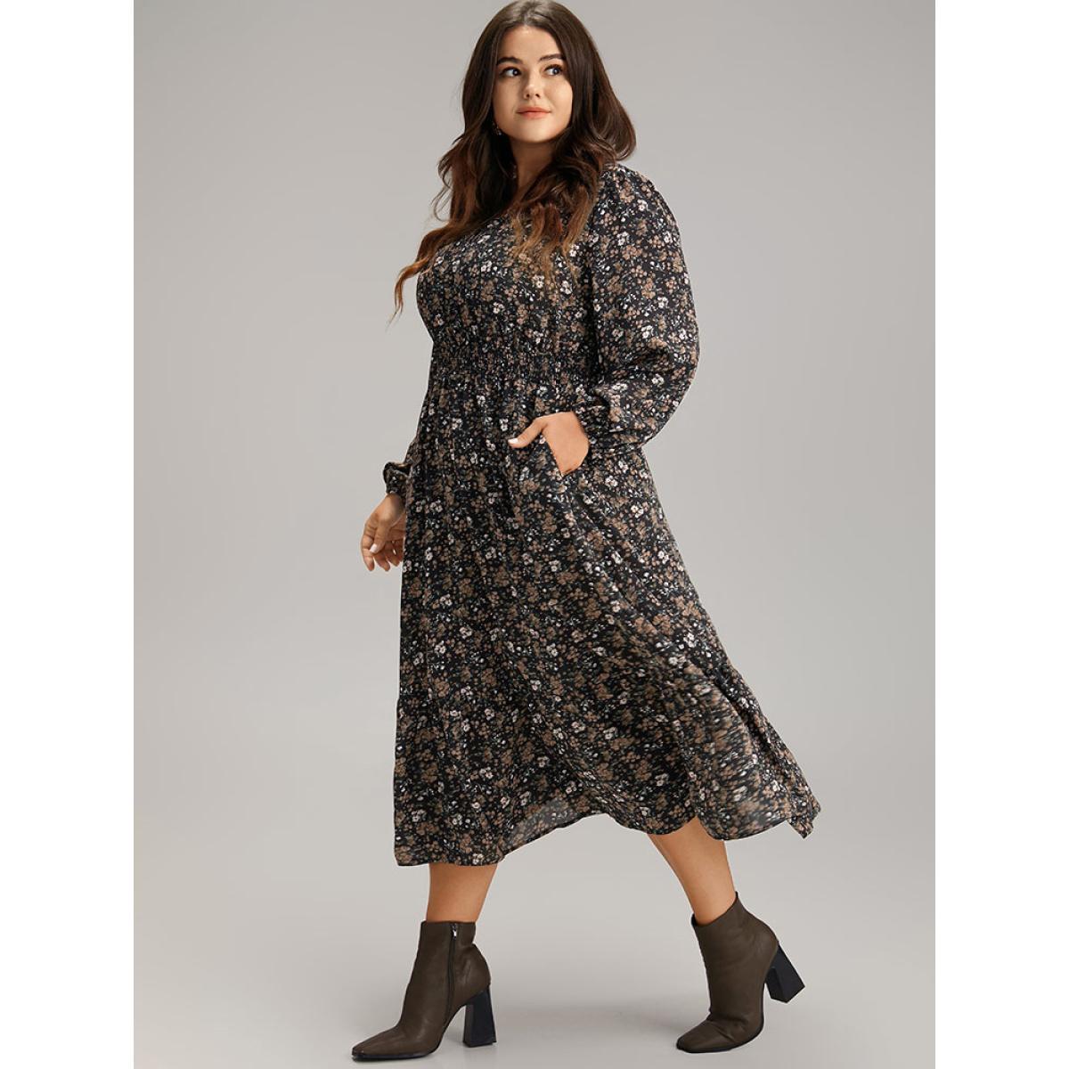 Plus Size Ditsy Floral Notched Flutter Hem Dress Black Women Elegant Elastic cuffs Notched collar Long Sleeve Curvy Midi Dress BloomChic 14-16/1X Product Image