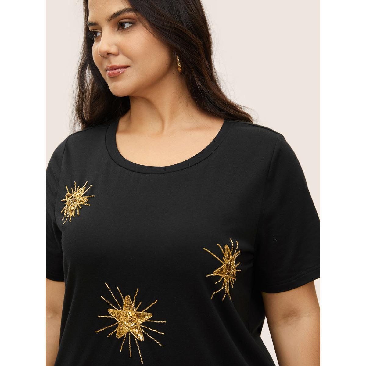 Plus Size Contrast Star Sequin Round Neck T-shirt Black Women Casual Contrast Star and moon Round Neck Everyday T-shirts BloomChic 18-20/2X Product Image