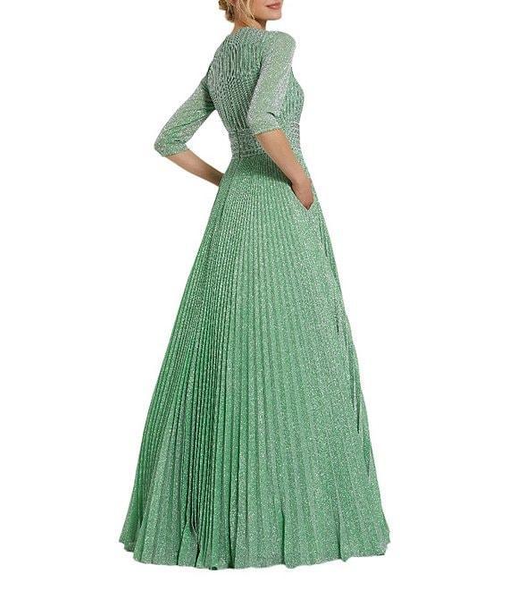 Mac Duggal Shimmer Georgette Crew Neck 3/4 Sleeve Pleated A-Line Gown Product Image