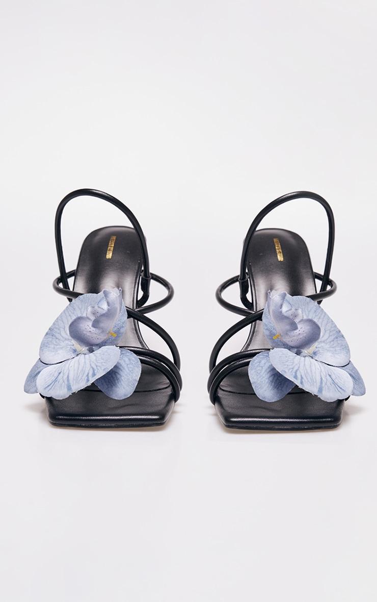 Black PU Blue Flower Strappy Sling Back Heeled Sandals Product Image