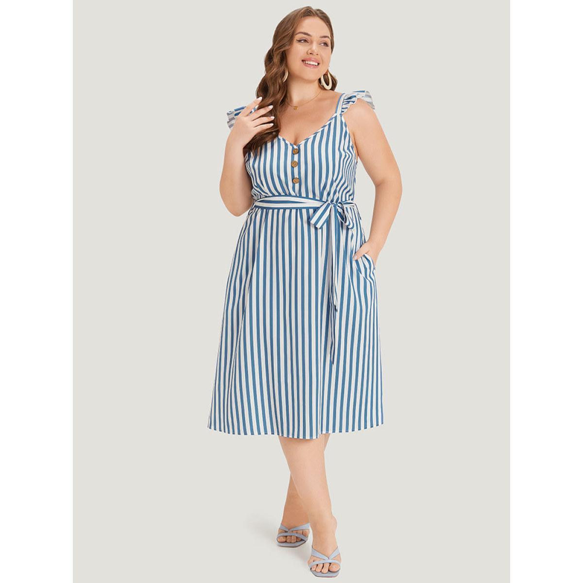 Plus Size Striped Ruffle Trim Button Detail Belted Dress Blue Women Elegant Belted V-neck Cap Sleeve Curvy Midi Dress BloomChic 12/L Product Image