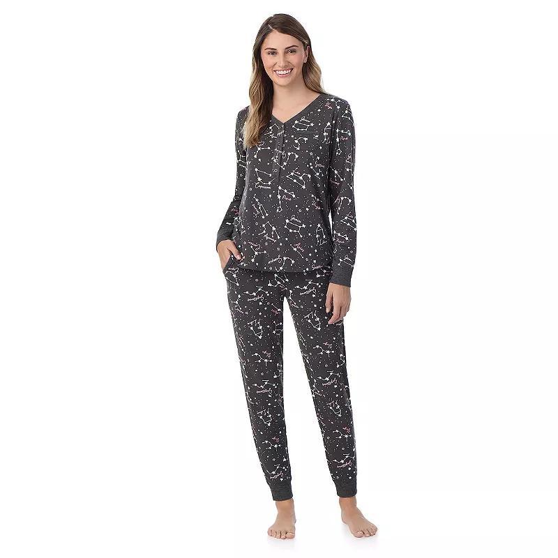 Womens Cuddl Duds Cozy Long Sleeve Henley Pajama Top and Pajama Pants Set Grey Celestial Product Image