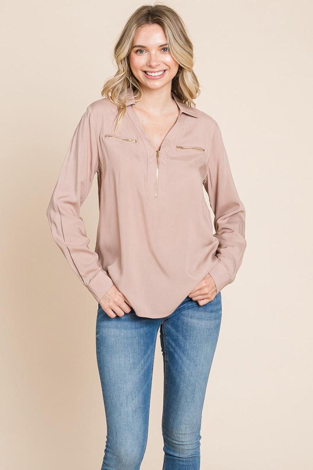 V Neck Front Zip Up Long Sleeve Top Female Product Image