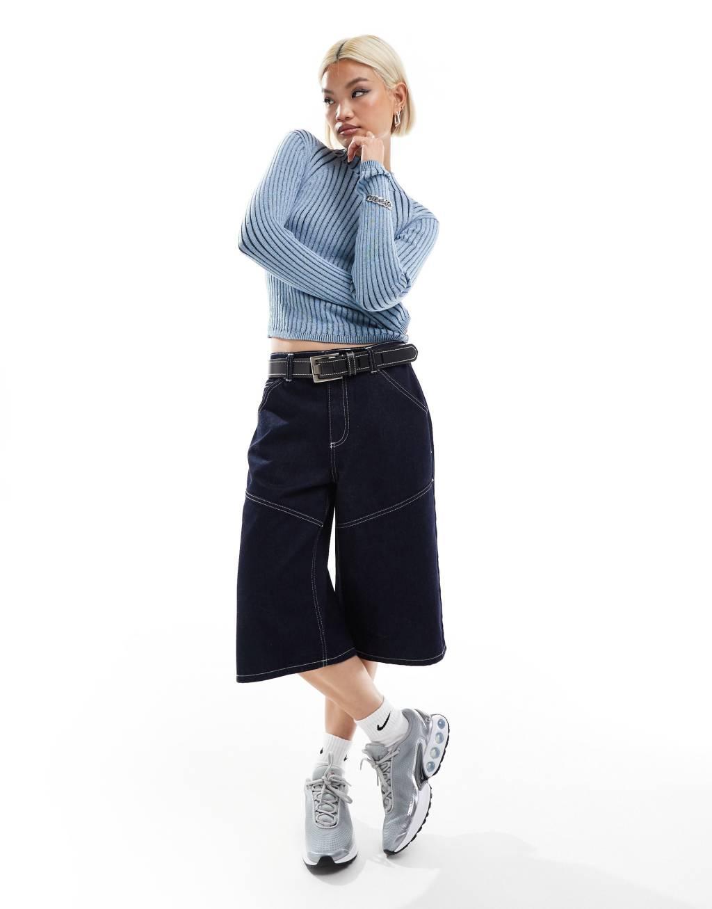 Monki long sleeve knitted two tone top in blue and navy Product Image