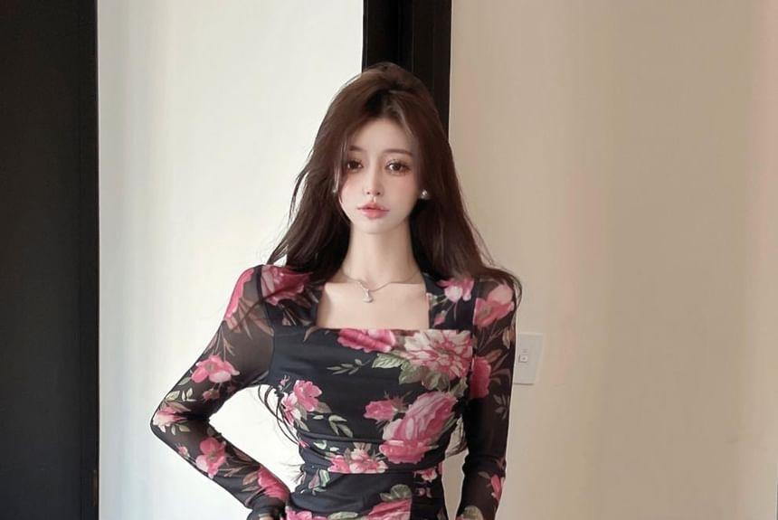 Long Sleeve Square Neck Floral Print Ruched Slit Midi Sheath Dress Product Image