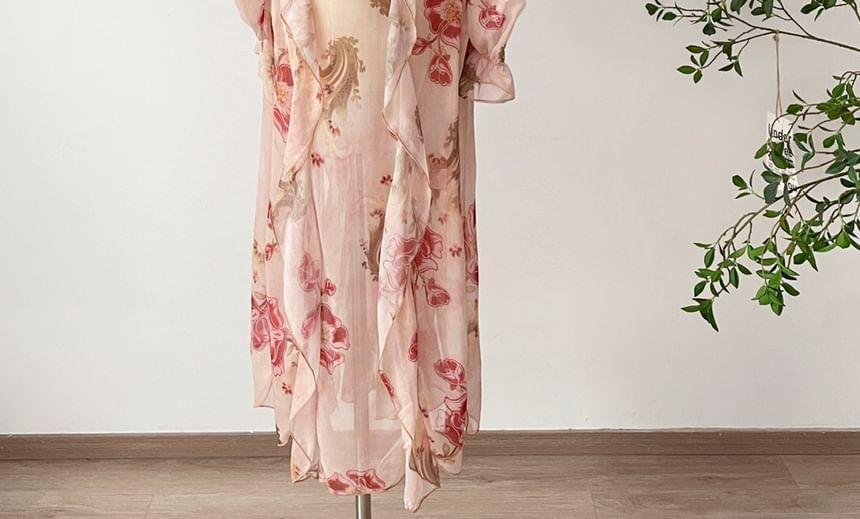 Long-Sleeve Cold Shoulder Floral Print Maxi A-Line Dress Product Image