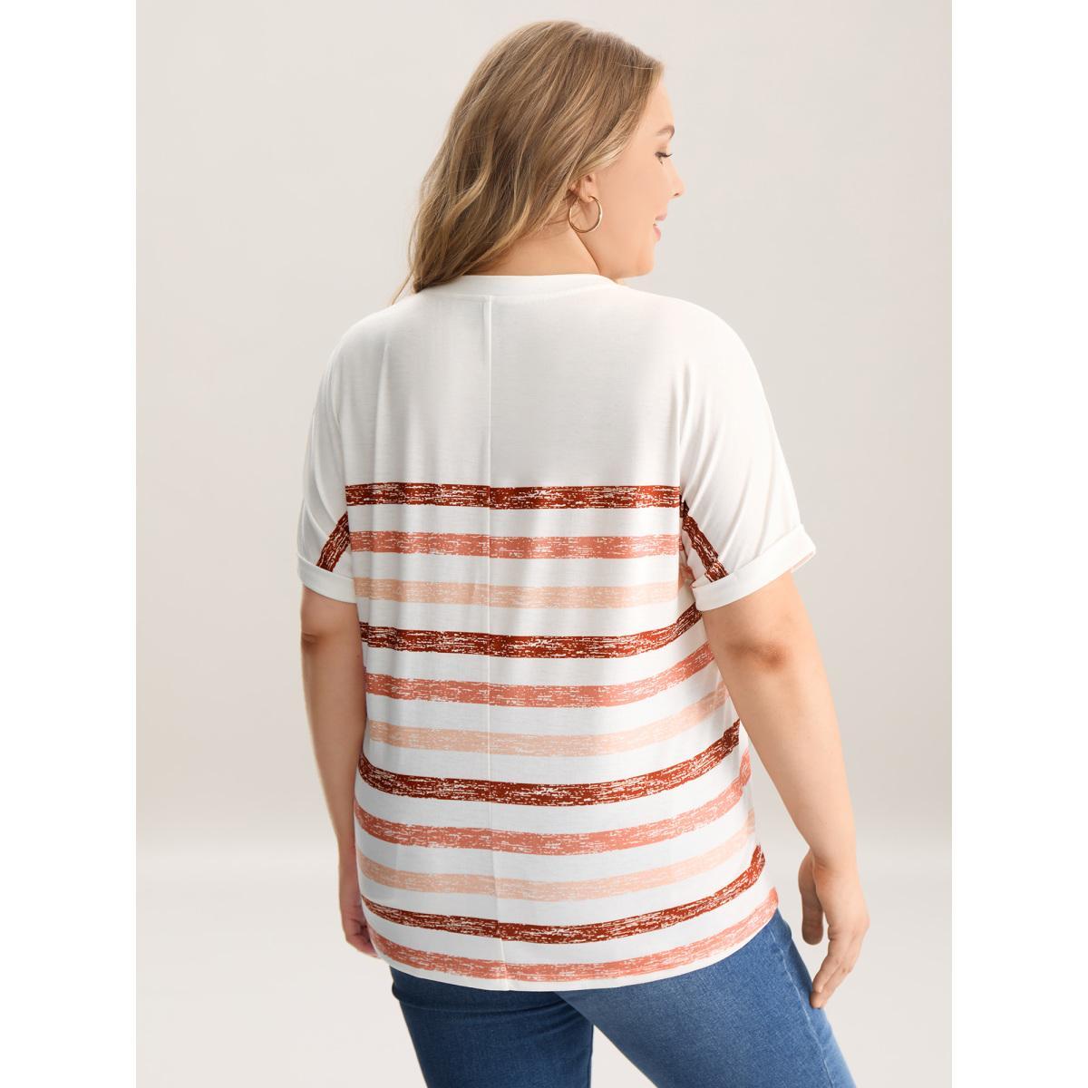Plus Size Colorful Stripes Stretchy Crewneck T-Shirt WhiteSmoke Women Contrast Round Neck Everyday-Casual T-shirts BloomChic 10/M Product Image