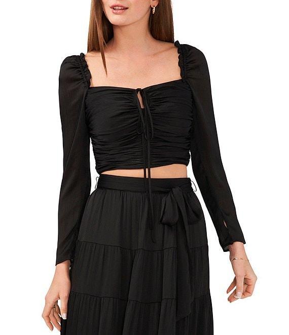 Chelsea & Violet Plisse Long Sleeve Ruched Square Neck Coordinating Cropped Top Product Image