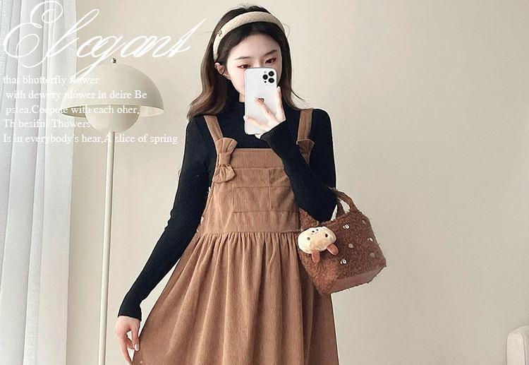 Maternity Long-Sleeve Mock Neck Plain Ribbed Knit Top / Bow Midi A-Line Jumper Dress / Set Product Image