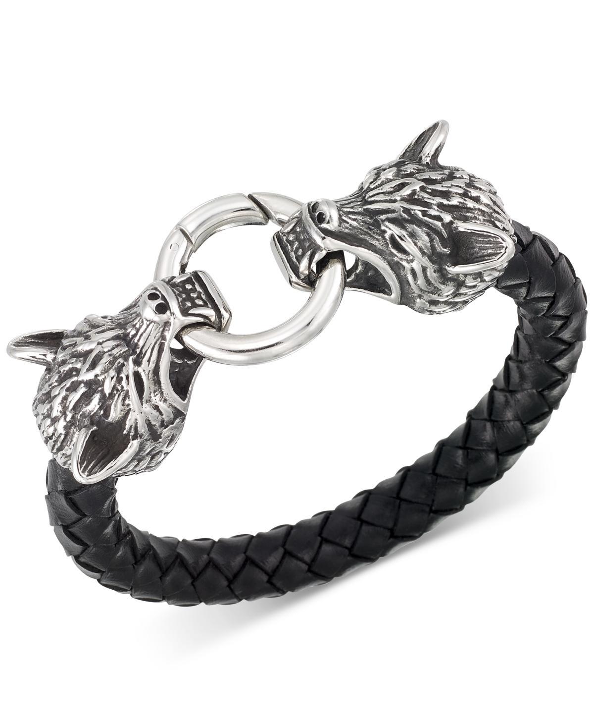 Legacy for Men by Simone I. Smith Wolf Head Leather Braided Bracelet Stainless Steel Product Image