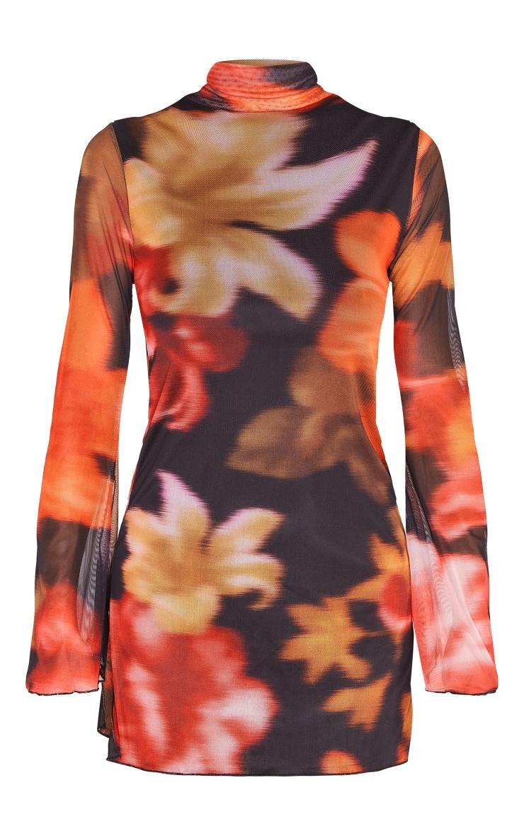 Multi Floral Print High Neck Flared Sleeve Shift Dress Product Image