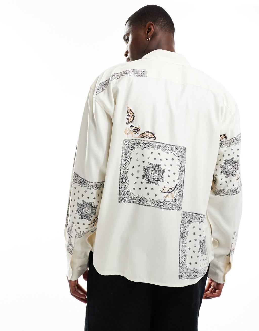 ONLY & SONS long sleeve tile print shirt in stone Product Image