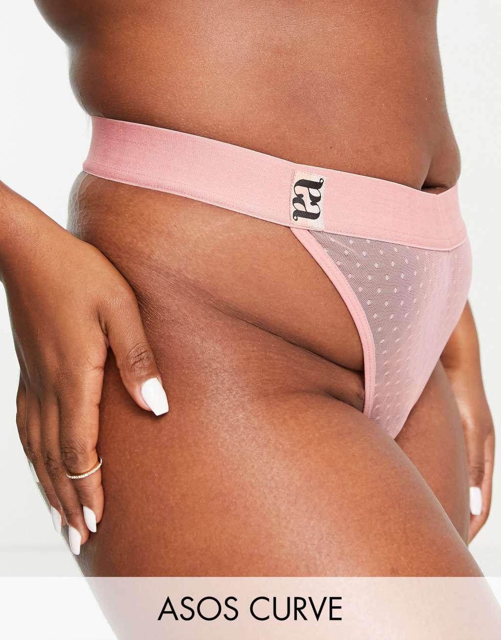 ASOS DESIGN Curve Aria spot mesh with taping malibu thong in peach Product Image