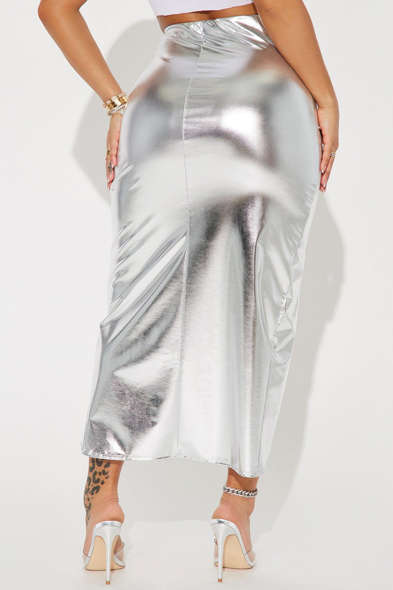 Selena Side Ruched Faux Leather Maxi Skirt - Silver Product Image