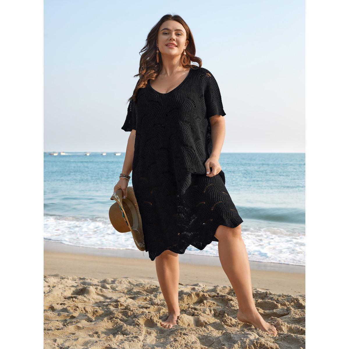 Plus Size Cut-Out Solid V-Neck Swimsuit Coverup Women's Swimwear Black Resort Loose Texture Curve Swim Cover Ups BloomChic 26/4X Product Image