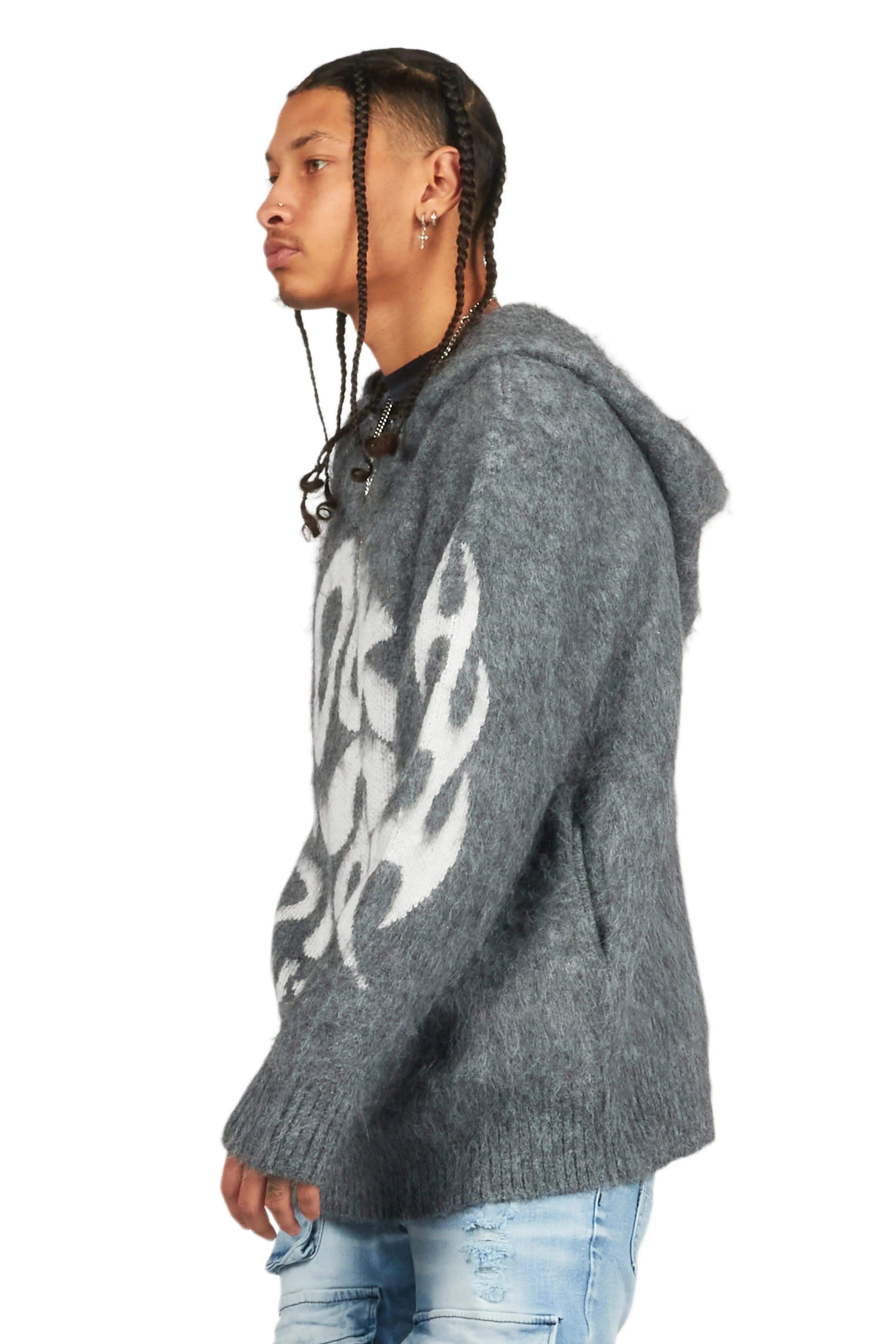 Hakon Grey Graphic Knitted Mohair Hoodie Male Product Image