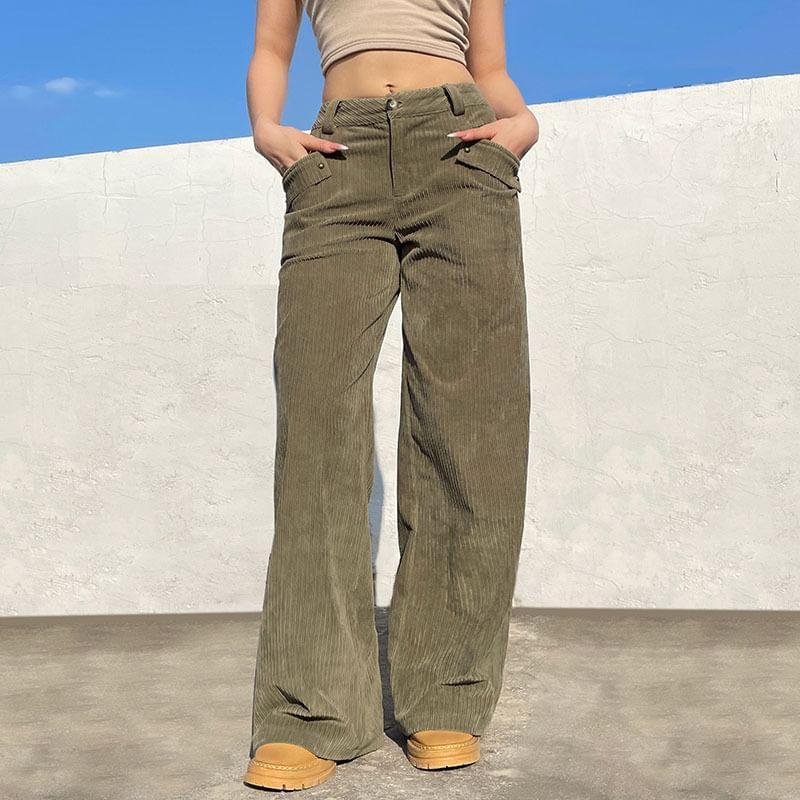 Mid Waist Plain Corduroy Wide Leg Pants Product Image