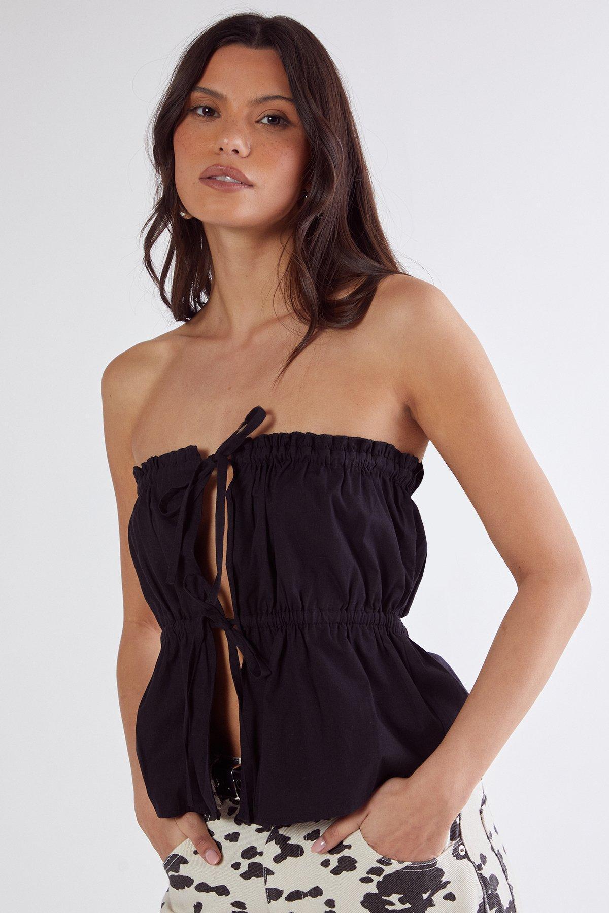 Cotton Poplin Bandeau Ruched Tie Front Top Product Image