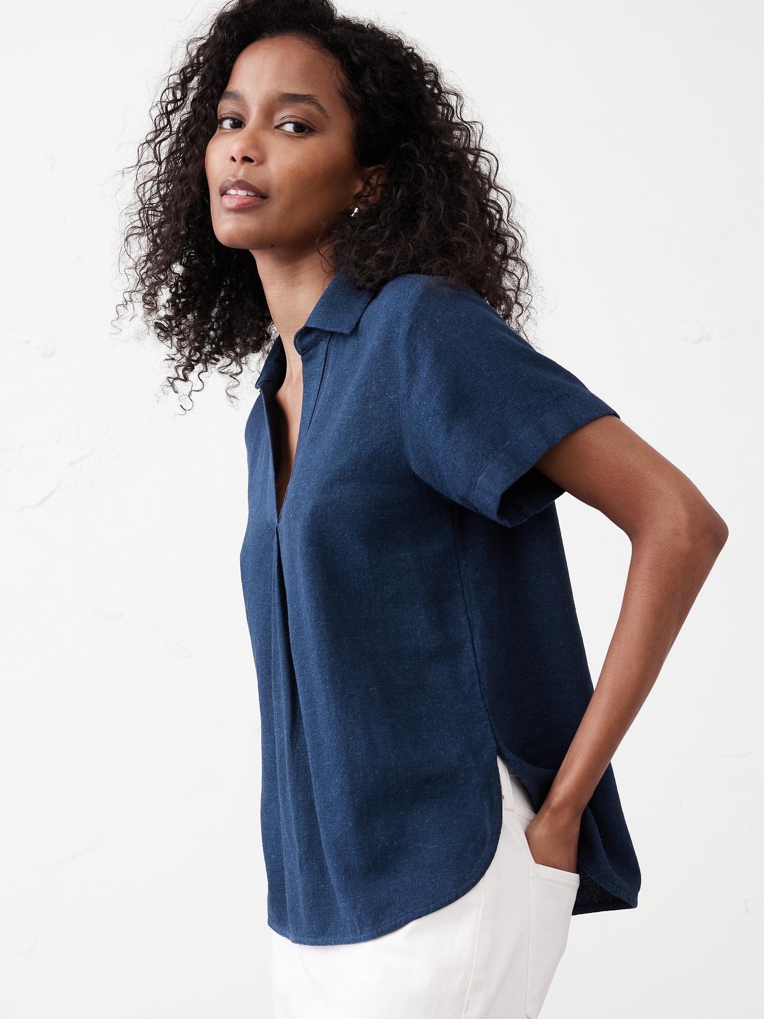 Linen-Blend Collared Top Product Image