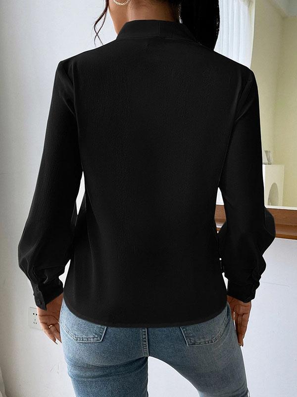 Long Sleeves Loose Pleated Solid Color Split-Joint V-Neck Blouses&Shirts Tops Product Image