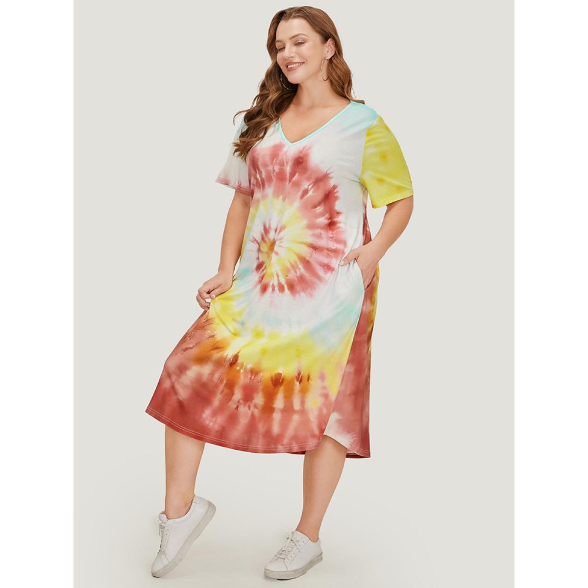 Plus Size Tie Dye Pocket Short Sleeve V Neck Midi Dress Multicolor Women Casual Printed V-neck Short sleeve Curvy Midi Dress BloomChic 12/L Product Image