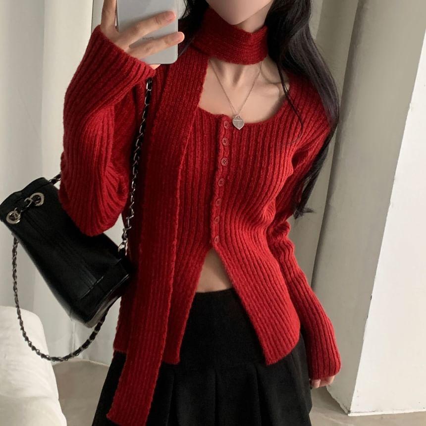 Long Sleeve Square Neck Ribbed Knit Cardigan with Scarf Product Image