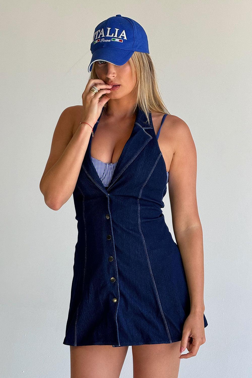 Moonlight Denim Halter Dress - Blue Denim Product Image