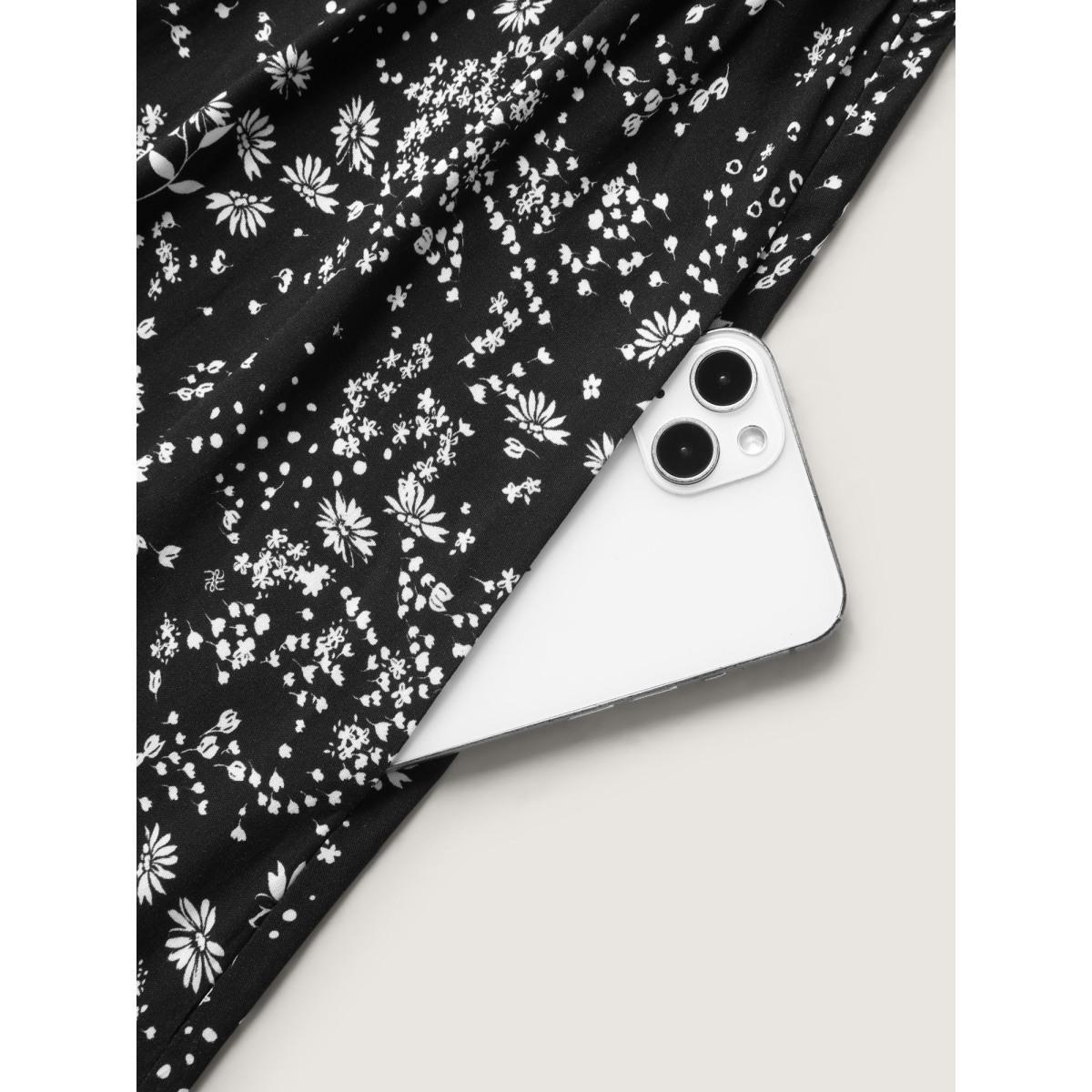 Plus Size Floral Neck Drawstring Flared Sleeve Midi Dress Black Women Square Neck Short sleeve Curvy BloomChic 18-20/2X Product Image